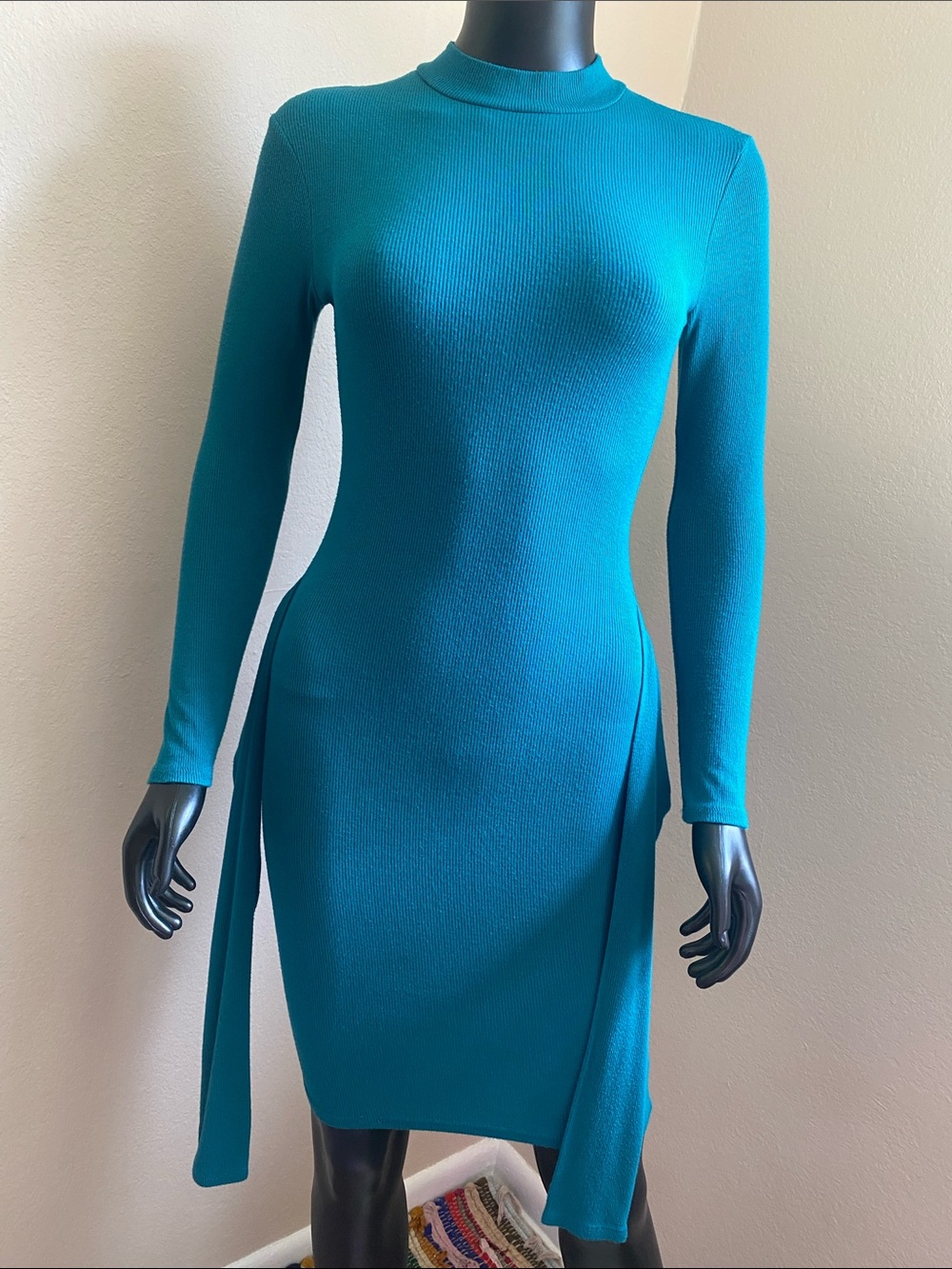 Better Be Teal Green Long-Sleeve Ribbed Midi Dress with Side Drape Ties